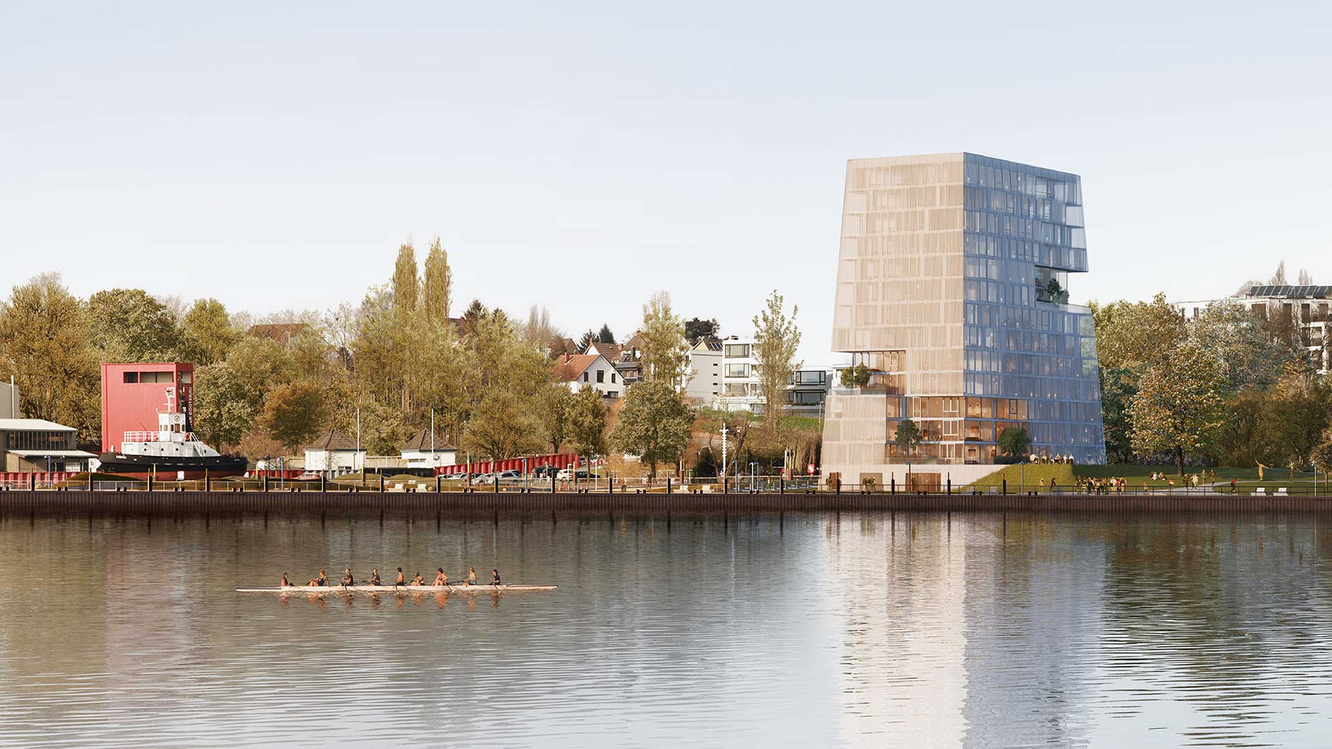 Büroprofil_Ausgewählte-Projekte_CCW-5_B Vulkan Vegesack - Bremen, Deutschland. Bremen - bisher nicht unbedingt als Standort außergewönlicher Architektur bekannt - bekommt mit Vulkan Vegesack ein hochmodernes und innovatives Wohnhochhaus, welches direkt an der Weser liegt und die Umgebung aufwertet. Auf 13 Etagen sind Wohnungen, Maisonette und Einzelappartments untergebracht, umringt von einem Band „vertikalem Grün“, welches sich spiralförmig um das Gebäude windet und private Gärten auch in höheren Geschossen ermöglicht.